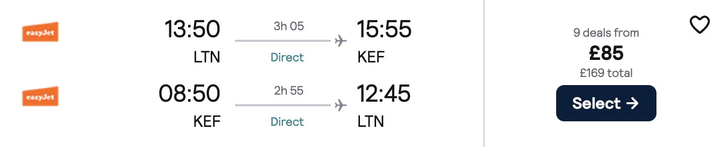 Flight price screenshot from London