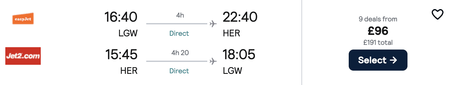 Flight price screenshot from London