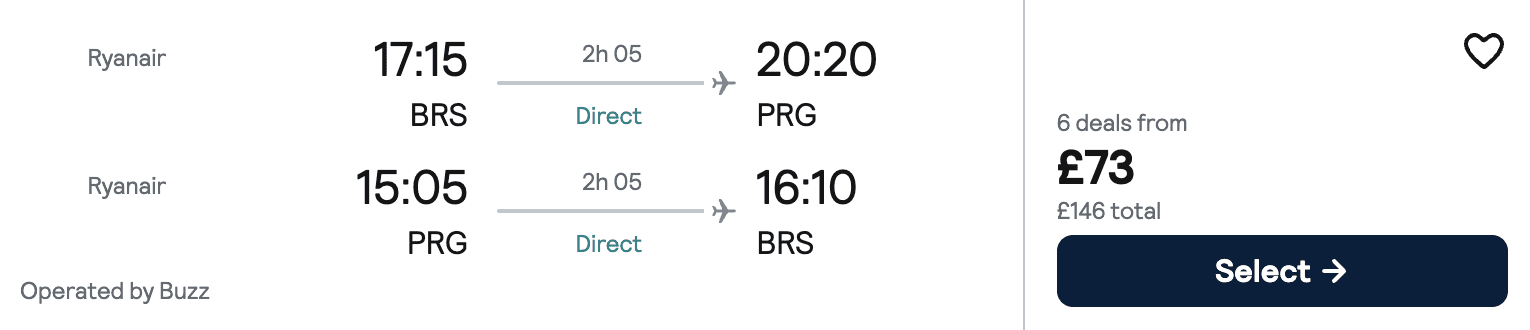 Flight price screenshot from Bristol (BRS)