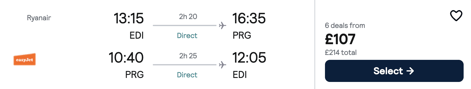 Flight price screenshot from Edinburgh (EDI)